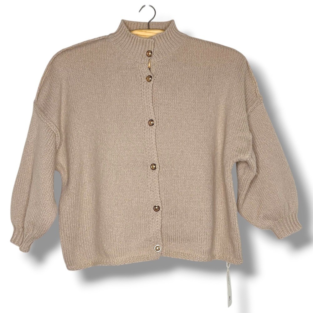 Saodimallsu Mock Neck Button Front Knit Sweater Khaki Size Small‎ Puffed Sleeve